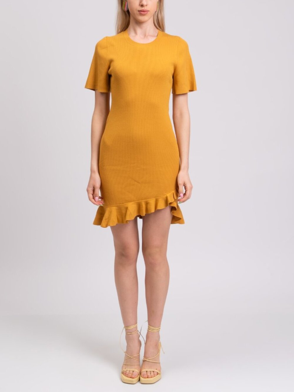 NWT A.L.C. Tulum Knnit Mini Dress - L - Ruffles Asymmetric Crew Neck Yellow